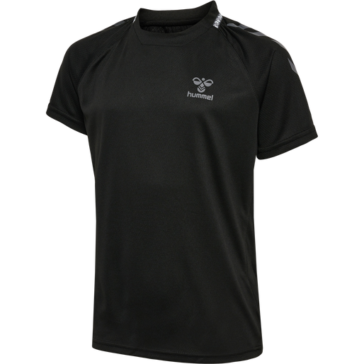 hmlONGRID POLY JERSEY S/S KIDS, JET BLACK/FORGED IRON, packshot