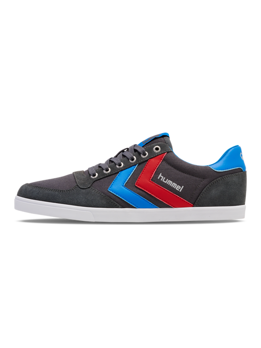 HUMMEL SLIMMER STADIL LOW, CASTLEROCK/RIBBONRED/BRIL BLUE, packshot